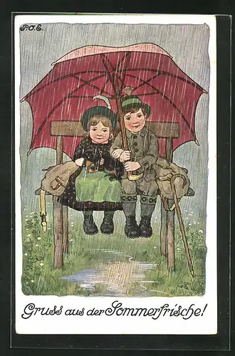 Künstler-AK P. O. Engelhard (P.O.E.): Paar mit Schirm auf der Bank