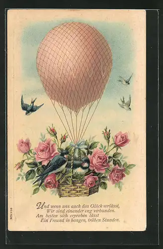 Präge-AK Schwalbenpaar im rosengeschmückten Ballon