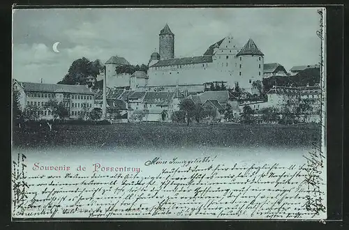 Mondschein-AK Porrentruy, Blick von der Blumenwiese auf das Schloss