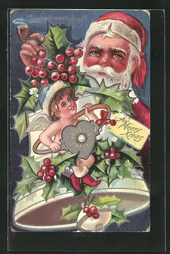 Präge-AK Weihnachtsmann mit Pfeife in der Hand und Weihnachtsengel mit Herzreifen, A Merry Xmas