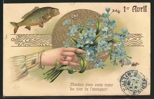Präge-AK Frauenhand hält einen Strauss Vergissmeinnicht, springender Fisch, Gruss zum 1. April
