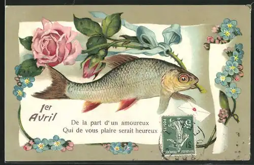 Präge-AK Fisch hält eine Rose mit blauer Schleife im Maul, Gruss zum 1. April