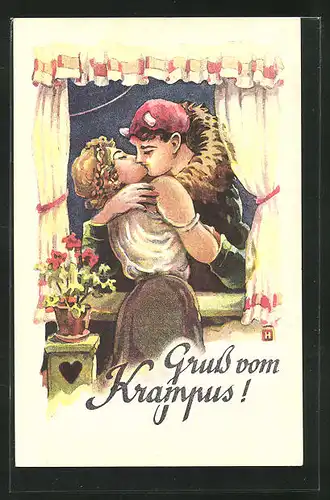 AK Krampus küsst die Frau am Fenster, Gruss vom Krampus