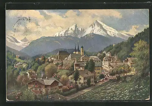 Künstler-AK Berchtesgaden, Ortsansicht mit Bergen