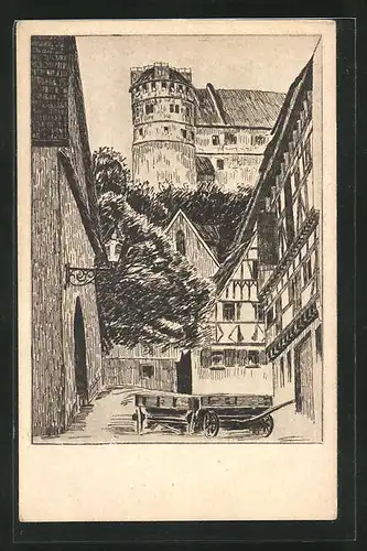 Künstler-AK Tübingen, Blick von der spitalkirche auf das Schloss mit Sternenwarte