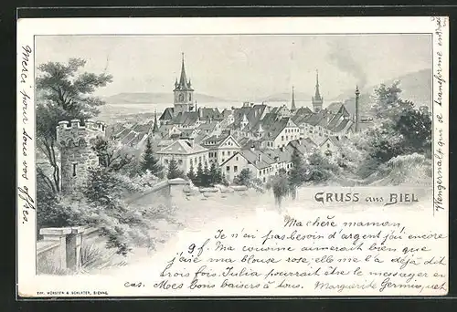 Künstler-AK August Kunz: Biel, Panorama mit Kirchturm