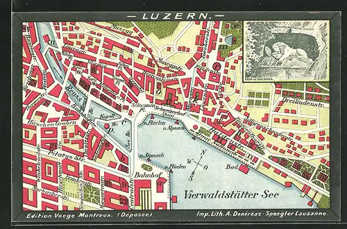 Künstler-AK Lucerne, Lion, Stadtplan mit Dreilindenstrasse, Friedenstrasse und Bahnhof