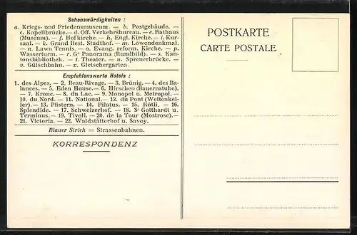 Künstler-AK Lucerne, Lion, Stadtplan mit Dreilindenstrasse, Friedenstrasse und Bahnhof