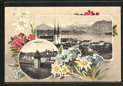 Passepartout-AK Luzern, Teilansicht, Kapellbrücke und Alpenblumen