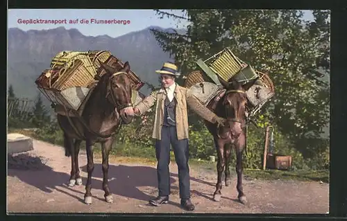 AK Flums, Gepäcktransport von Mann mit zwei Pferden auf die Flumserberge