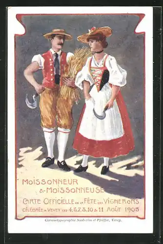 AK Vevey, Fête des Vignerons 1905, Moissoneur & Moisonneuse, Trachten