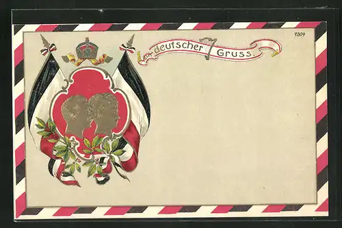 Präge-AK Kaiser Wilhelm II. mit Gattin, Flaggen und Krone