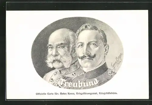 Künstler-AK Zweibund, Kaiser Wilhelm II und Kaiser Franz Josef I. von Österreich im Portrait