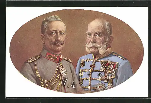 Künstler-AK Portrait von Kaiser Franz Josef I. von Österreich mit Kaiser Wilhelm II. in Uniformen, Zweibund