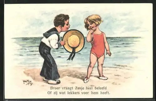 Künstler-AK Arthur Thiele: Knabe im Matrosenanzug spricht mit einem Mädchen im Badeanzug am Strand