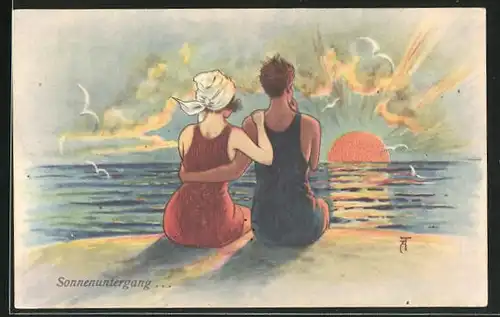 Künstler-AK Arthur Thiele: Liebespaar blick vom Strand auf den Sonnenuntergang