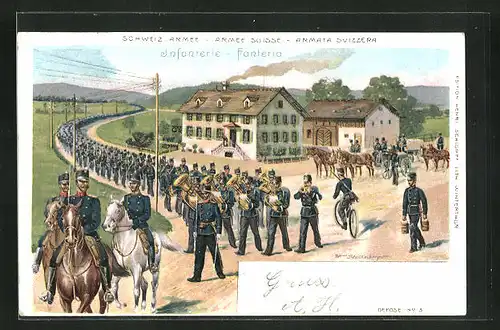 Lithographie Schweizer Infanterie marschiert aus dem Ort