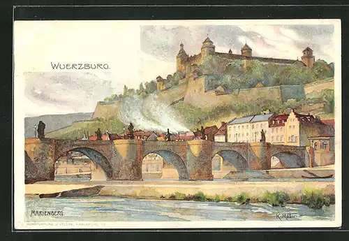 Künstler-AK Karl Mutter: Würzburg, Flussbrücke und Schloss