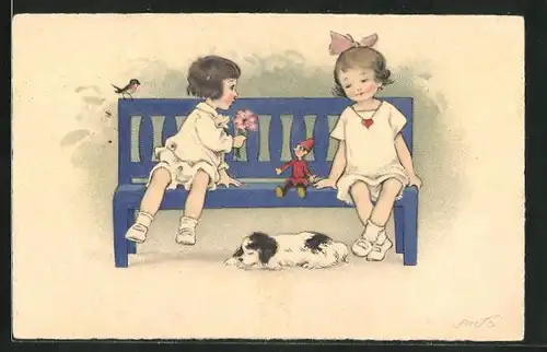 Künstler-AK Fritz Baumgarten: niedliches Kinder paar mit Puppe, Hund und Vogel auf einer Bank sitzend