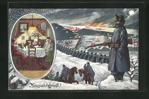 Künstler-AK Schweizer Soldaten mit Bajonett im Schnee, Familie sitzt am Esstisch