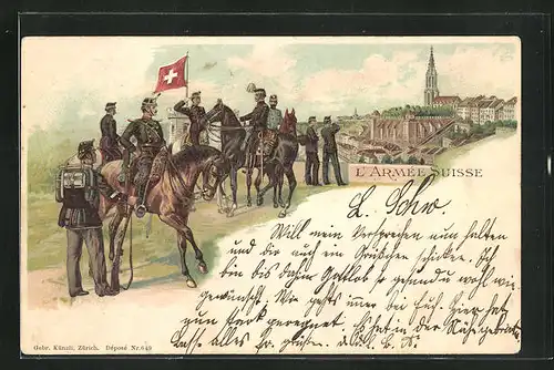 Lithographie Schweizer Armee, Kavallerie blickt auf einen Ort