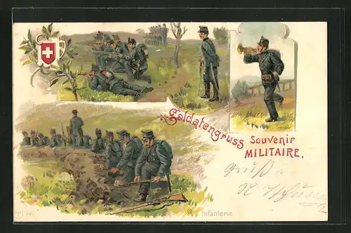 Lithographie Schweizer Infanterie im Schützengraben