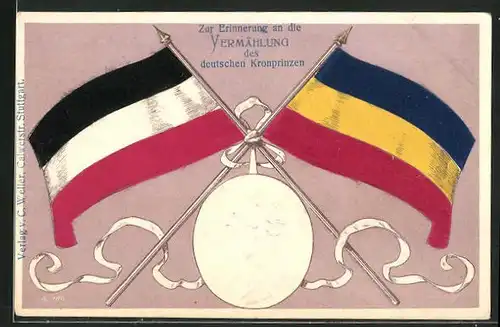 Präge-AK Zur Erinnerung an die Vermählung des Kronprinzen Wilhelm von Preussen, Portrait Kronprinzenpaar mit Flaggen