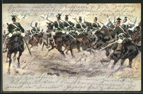 Künstler-AK Anton Hoffmann - München: Soldaten in Uniformen mit Fahnen zu Pferde