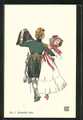 Künstler-AK sign. De Wamay: Schweizer Solat in Uniform tanzt mit Dame, No 3 Grenadier 1810
