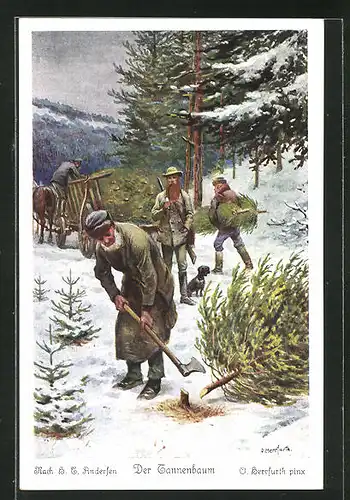 Künstler-AK Oskar Herrfurth: H. C. Andersen, Der Tannenbaum, 2. Da kamen um die Weihnachtszeit die Waldarbeiter...