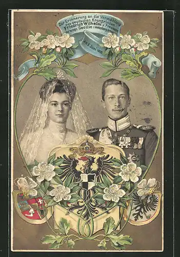 Präge-Lithographie Vermählung des deutschen Kronprinzen Friedrich Wilhelm mit Herzogin Cecilie