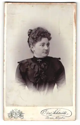 Fotografie Osw. Schmidt, Pirna & Mügeln, Portrait Dame mit zusammengebundenem Haar