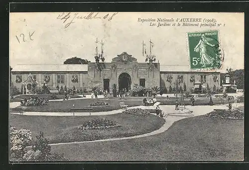 AK Auxerre, Exposition Nationale 1908, Les Jardins et le Batiment principal no 1