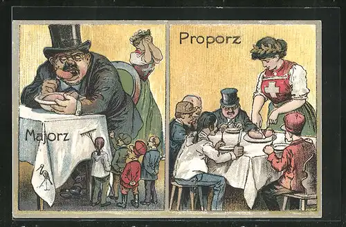 Künstler-AK Arbeiterbewegung, Majorz, wütendes Volk vor einem grossen am Tisch essenenden Mann, Proporz