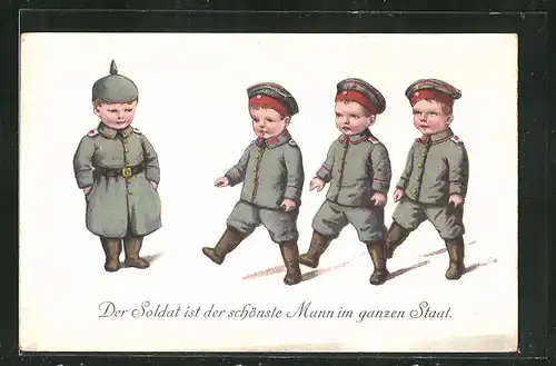 Künstler-AK Kinder Kriegspropaganda, niedliche Kindersoldaten in Uniformen