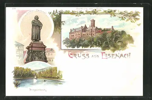 Lithographie Eisenach, Wartburg von Osten, Luther-Denkmal