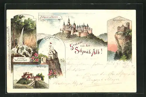Lithographie Burg Hohenzollern, Reussenstein, Lichtenstein, Rechberg, Uracher Wasserfall