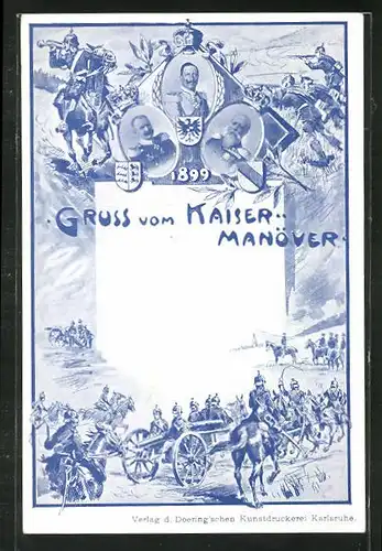 AK Kaisermanöver, Kaiserportrait und Soldaten in Uniformen mit Kanonen