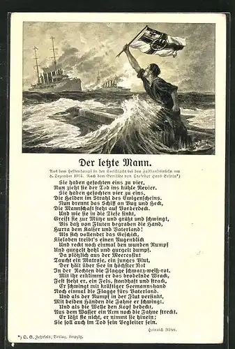 Künstler-AK Hans Bohrdt: Seeschlacht bei den Falklandinseln am 8.12.1914, Schiffbrüchiger Matrose eines Kriegsschiffes