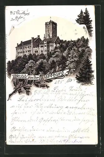 Vorläufer-Lithographie Eisenach, 1894, Wartburg von Osten betrachtet