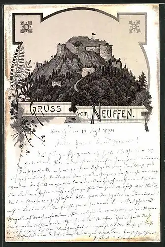 Vorläufer-Lithographie Neuffen, 1894, Blick auf die Festung Hohen-Neuffen