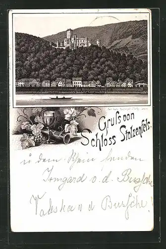 Vorläufer-Lithographie Koblenz, 1892, Blick auf Schloss Stolzenfels