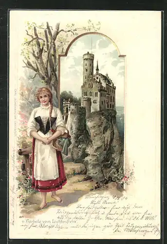 Passepartout-Lithographie Schloss Lichtenstein, s` Bärbele vom Lichtenstein