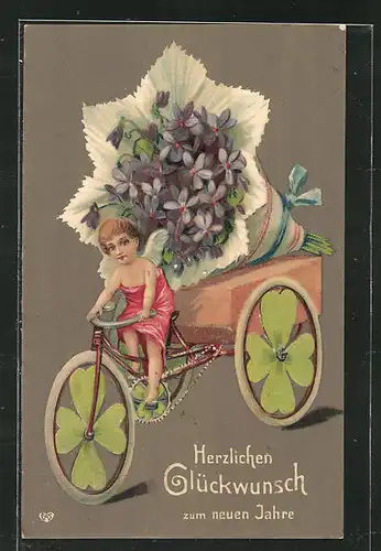 Präge-Künstler-AK Engel fährt auf einem Fahrrad mit grossem Blumenstrauss als Ladung, Kleeblatträder