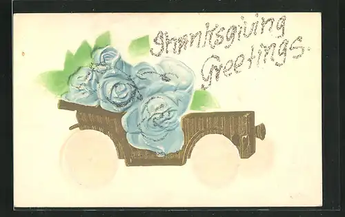 Präge-Airbrush-AK Thanksgiving Greetings mit blauen Rosen in eimem Automobil, Airbrush