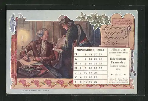 Künstler-AK Kalender französische Revolution, Novenbre 1904, Mann mit Schreibfeder am Tisch