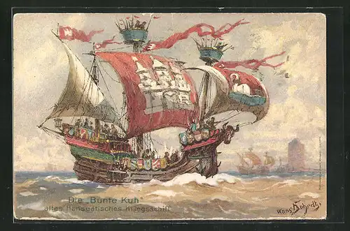 Künstler-AK Hans Bohrdt: Altes Hanseatisches Kriegsschiff Bunte Kuh