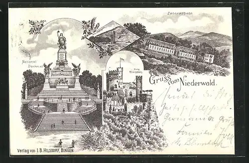 Lithographie Niederwald, Zahnradbahn, National Denkmal, Burg Rheinstein