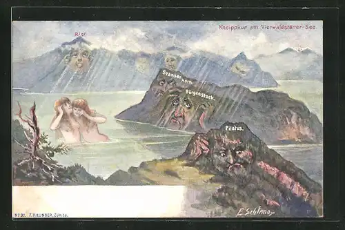 Künstler-AK Ernst Schlemo: Rigi, Kneippkur am Vierwaldstätter-See, Killinger Nr. 9, Berg mit Gesicht / Berggesichter