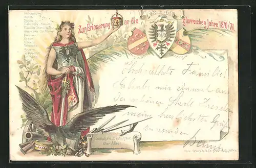 Vorläufer-AK Germania mit Schwert und Krone, Zur Erinnerung an die glorreichen Jahre 1870-71